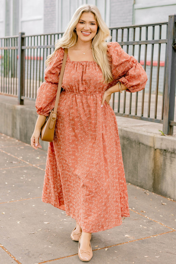 Chic Soul plus size clothing, dark orange square neck long puff sleeve maxi dress with small white floral print on it