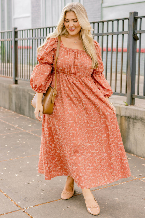 Chic Soul plus size clothing, dark orange square neck long puff sleeve maxi dress with small white floral print on it