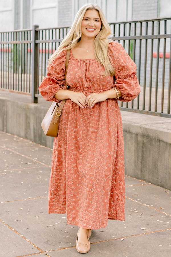 Chic Soul plus size clothing, dark orange square neck long puff sleeve maxi dress with small white floral print on it