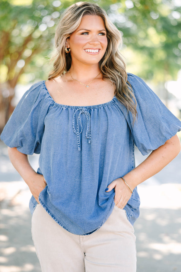 Plus Size denim top with puff sleeves, a square neckline, and a front tie detail.