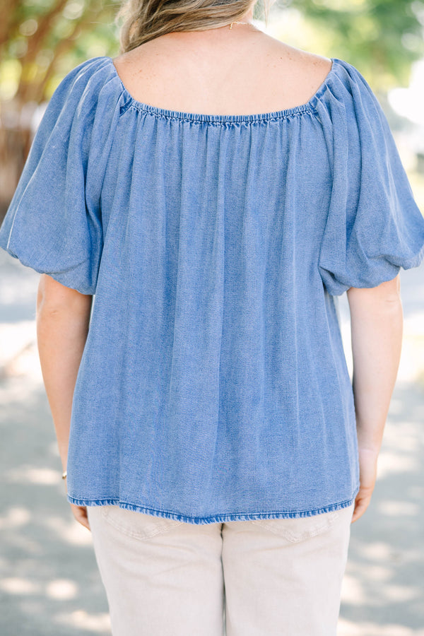 Plus Size denim top with puff sleeves, a square neckline, and a front tie detail.