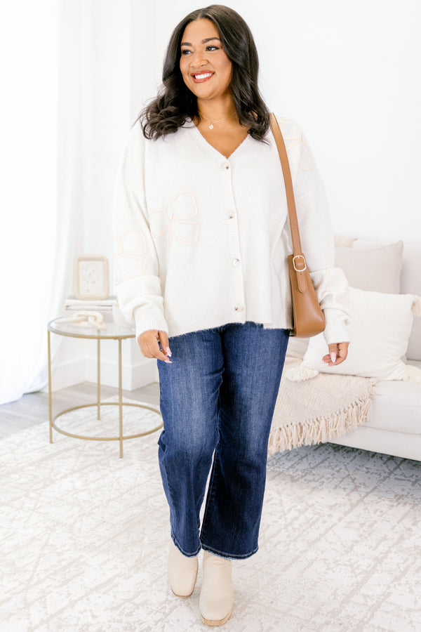 Chic Soul plus size clothing, cream button up cardigan with bow shape embroidered in several spots