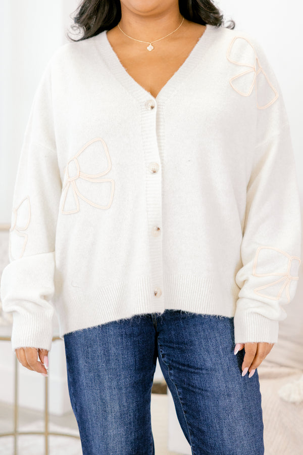 Chic Soul plus size clothing, cream button up cardigan with bow shape embroidered in several spots