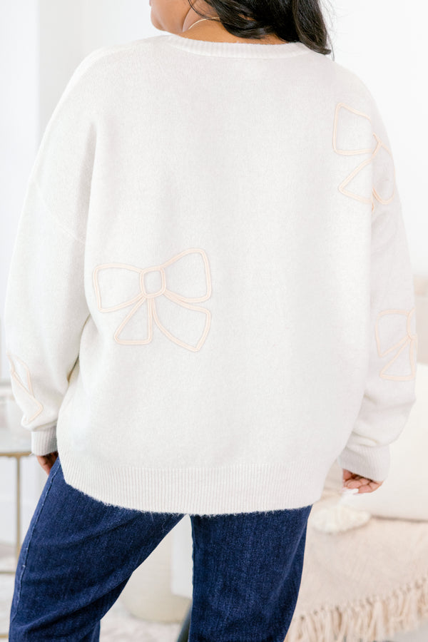 Chic Soul plus size clothing, cream button up cardigan with bow shape embroidered in several spots
