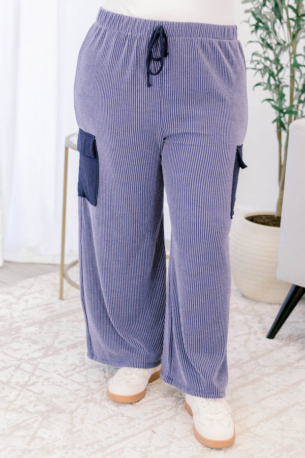 Chic Soul plus size clothing, navy ribbed pants with stretchy waistband and drawstring with dark navy mid thigh flap pockets