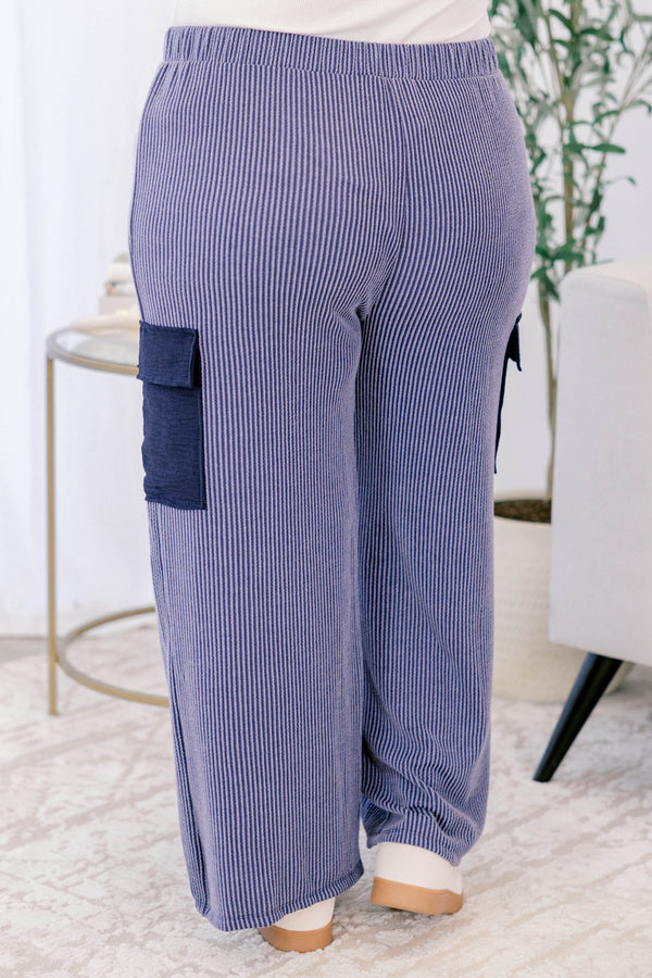 Chic Soul plus size clothing, navy ribbed pants with stretchy waistband and drawstring with dark navy mid thigh flap pockets