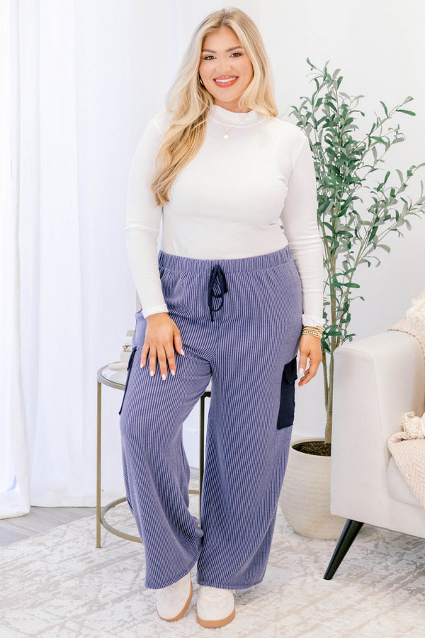 Chic Soul plus size clothing, navy ribbed pants with stretchy waistband and drawstring with dark navy mid thigh flap pockets