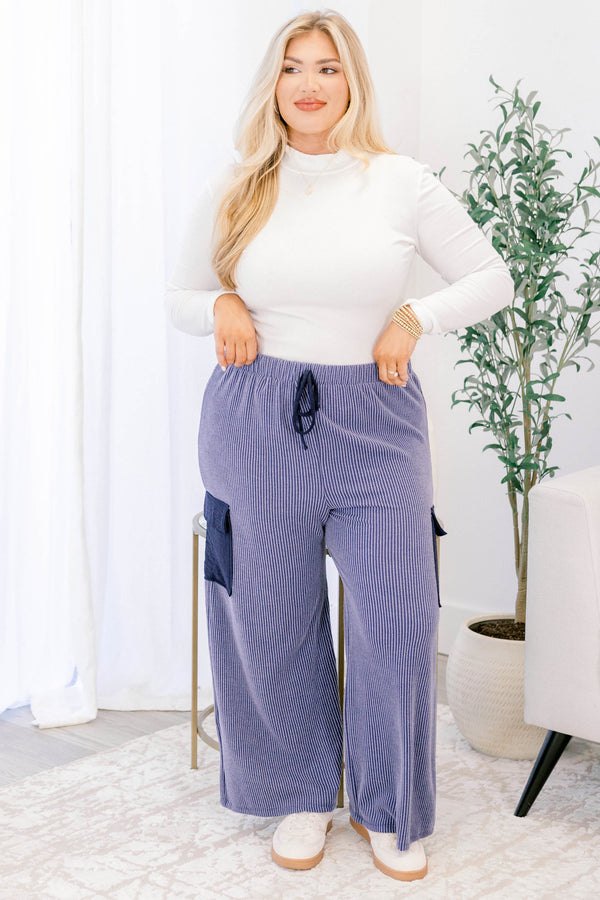 Chic Soul plus size clothing, navy ribbed pants with stretchy waistband and drawstring with dark navy mid thigh flap pockets