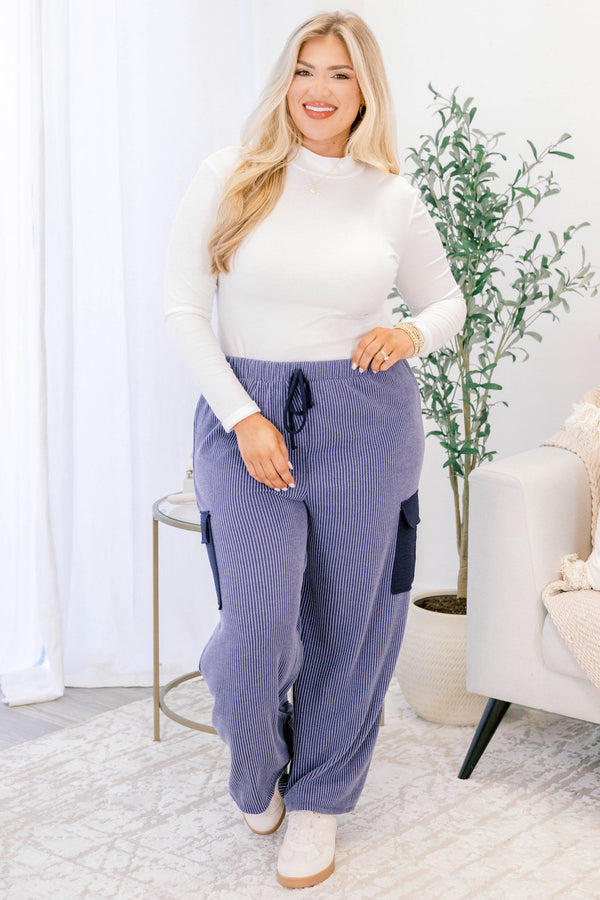 Chic Soul plus size clothing, navy ribbed pants with stretchy waistband and drawstring with dark navy mid thigh flap pockets