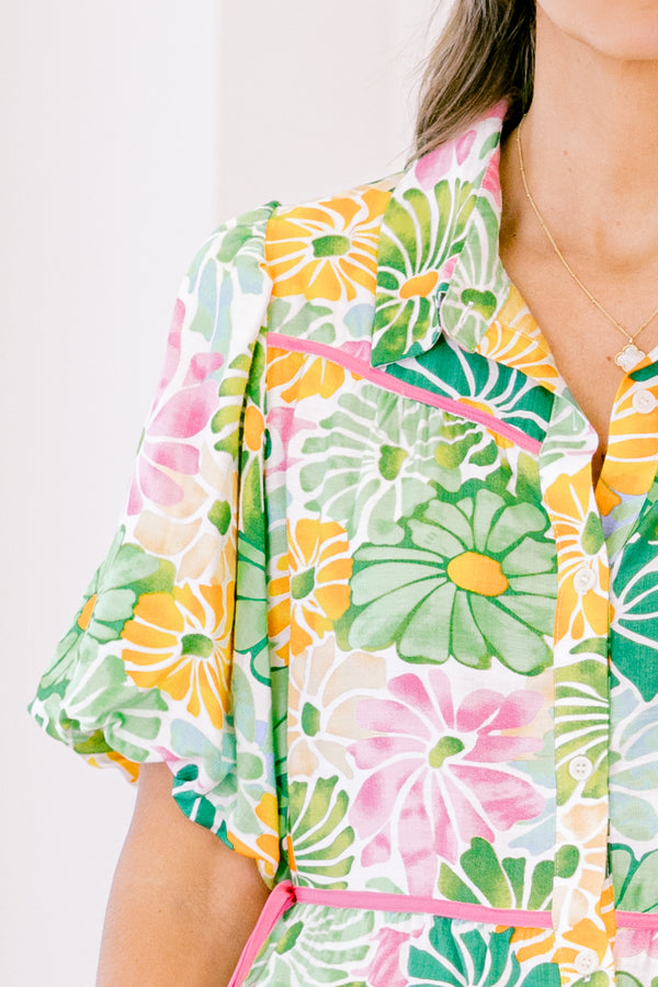 Chic Soul plus size clothing, green floral short sleeve top with button down front and pink side ties