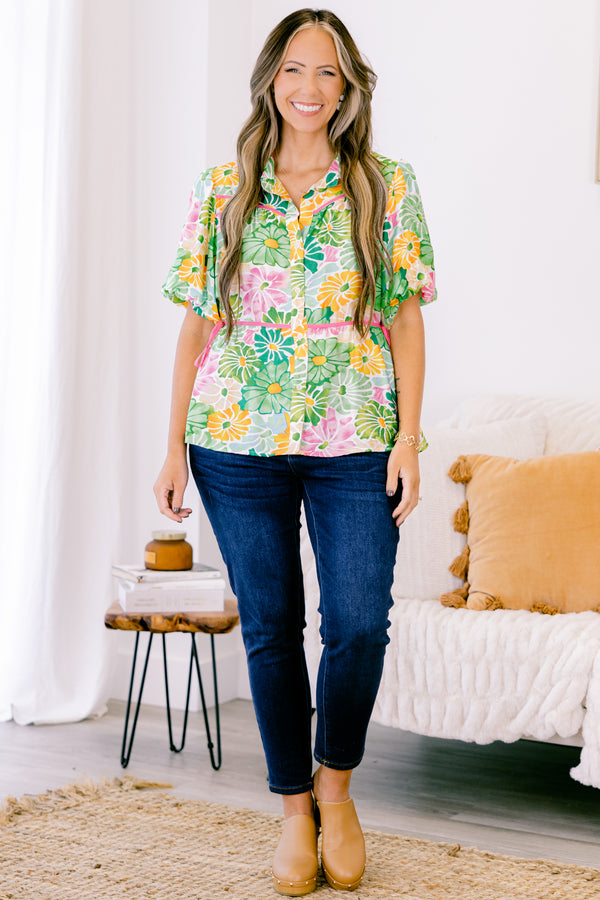 Chic Soul plus size clothing, green floral short sleeve top with button down front and pink side ties