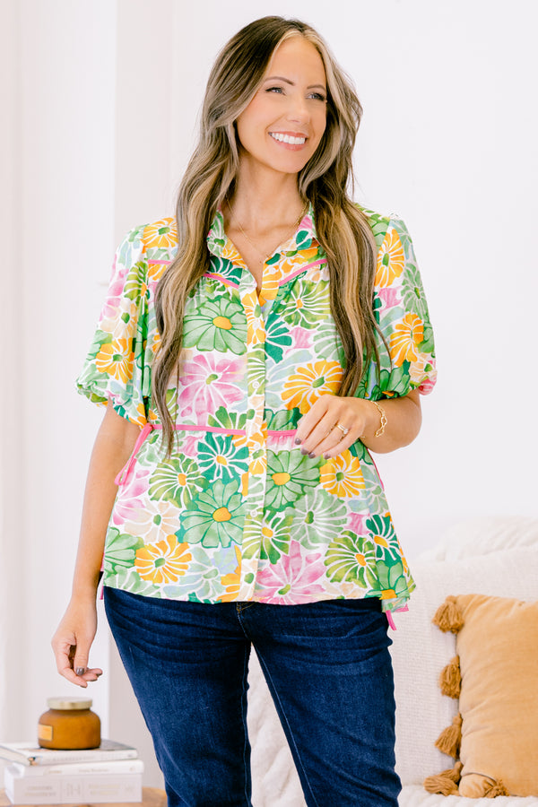 Chic Soul plus size clothing, green floral short sleeve top with button down front and pink side ties