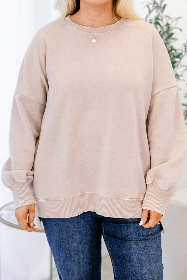 Chic Soul plus size clothing, ash mocha brown long sleeve crewneck pullover with band at the waist and ankles