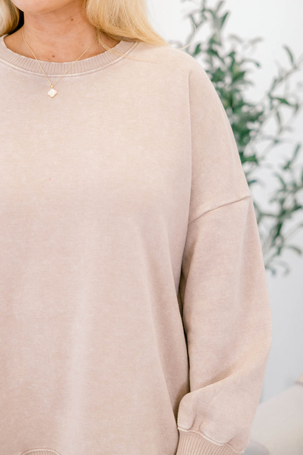 Chic Soul plus size clothing, ash mocha brown long sleeve crewneck pullover with band at the waist and ankles