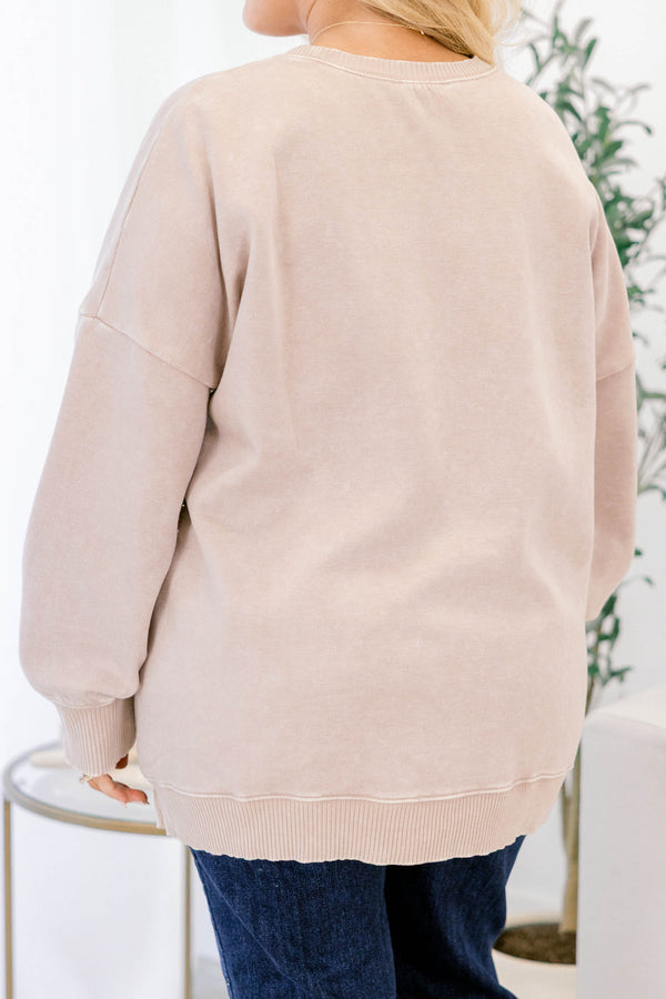 Chic Soul plus size clothing, ash mocha brown long sleeve crewneck pullover with band at the waist and ankles