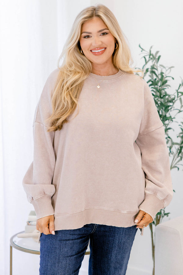 Chic Soul plus size clothing, ash mocha brown long sleeve crewneck pullover with band at the waist and ankles