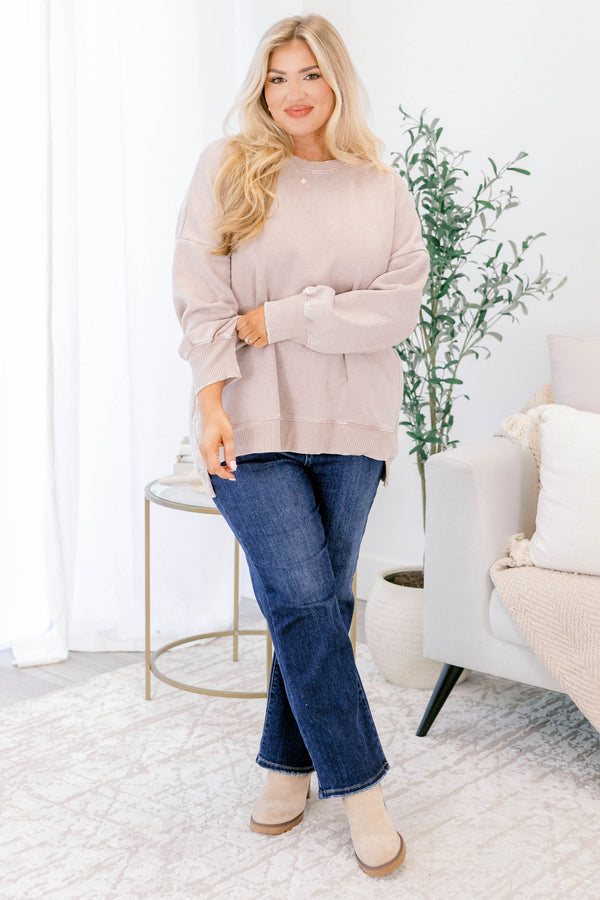 Chic Soul plus size clothing, ash mocha brown long sleeve crewneck pullover with band at the waist and ankles