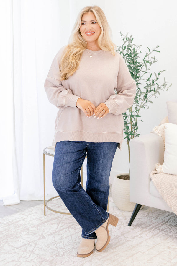 Chic Soul plus size clothing, ash mocha brown long sleeve crewneck pullover with band at the waist and ankles