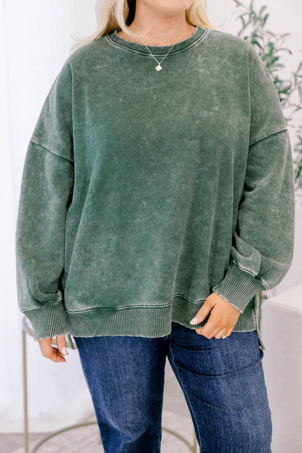 Chic Soul plus size clothing, long-sleeve dark green acid wash crewneck pullover
