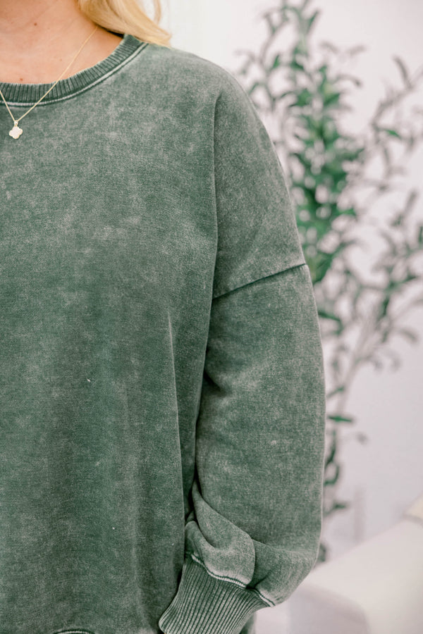 Chic Soul plus size clothing, long-sleeve dark green acid wash crewneck pullover