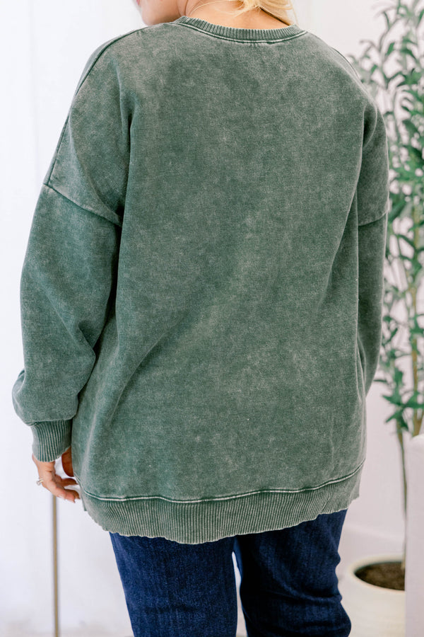 Chic Soul plus size clothing, long-sleeve dark green acid wash crewneck pullover