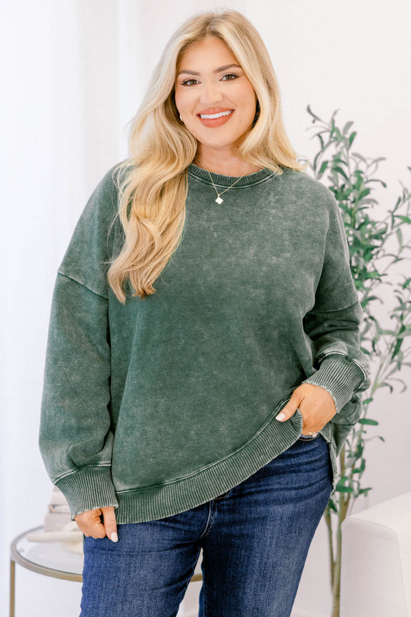 Chic Soul plus size clothing, long-sleeve dark green acid wash crewneck pullover