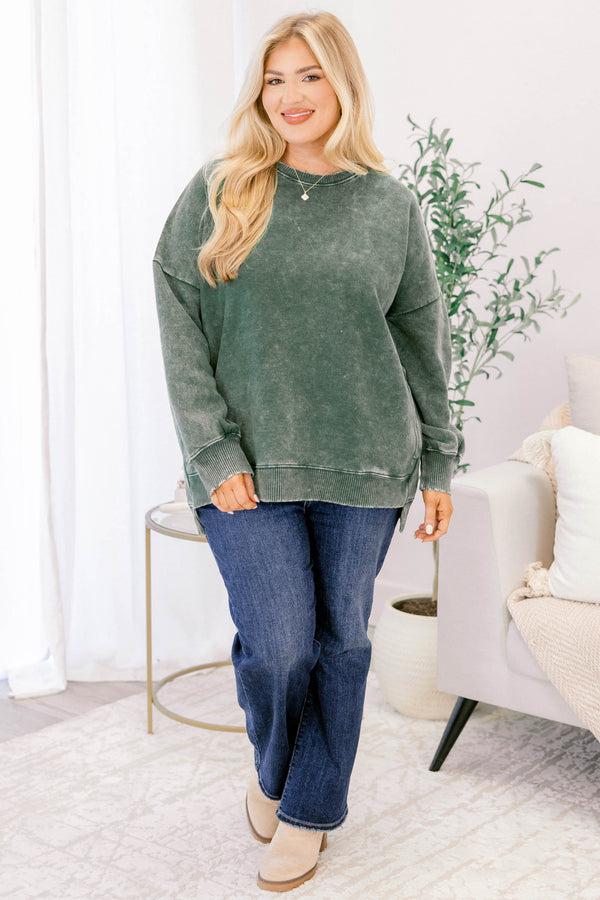 Chic Soul plus size clothing, long-sleeve dark green acid wash crewneck pullover