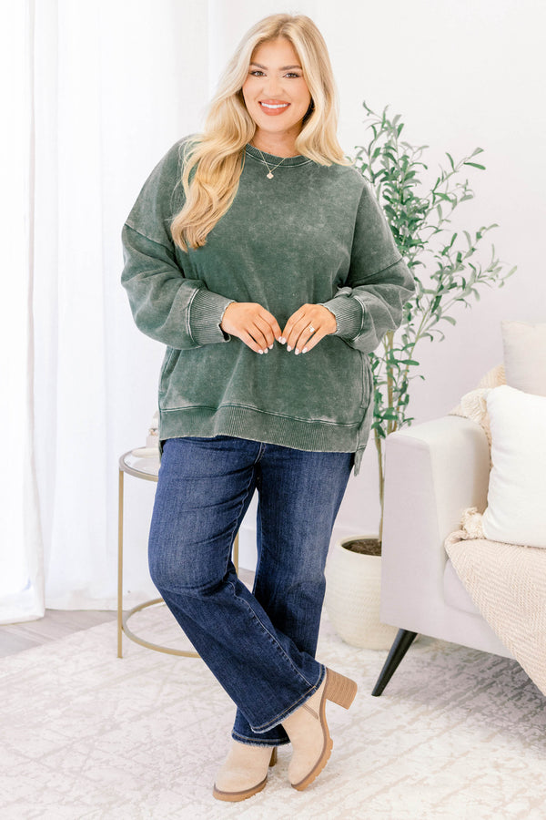 Chic Soul plus size clothing, long-sleeve dark green acid wash crewneck pullover