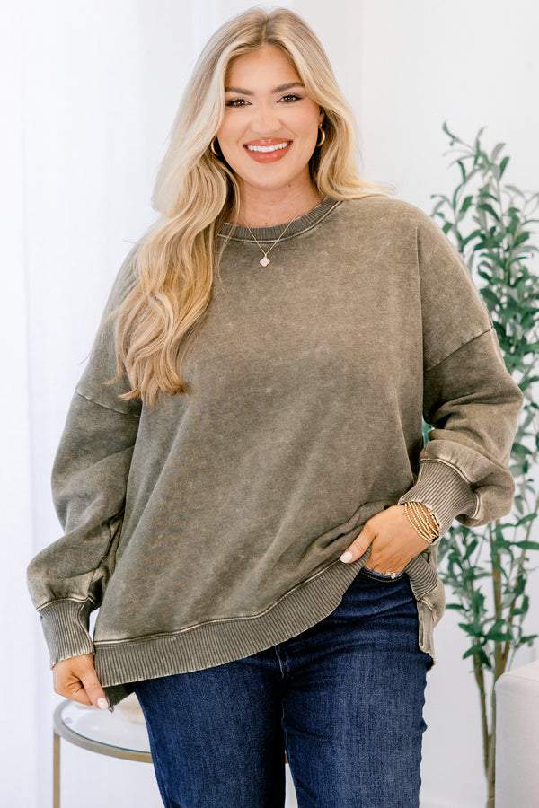 Chic Soul plus size clothing, dark olive long sleeve crewneck pullover with band at the waist and wrists