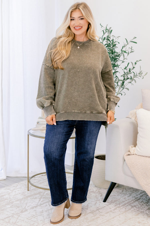 Chic Soul plus size clothing, dark olive long sleeve crewneck pullover with band at the waist and wrists