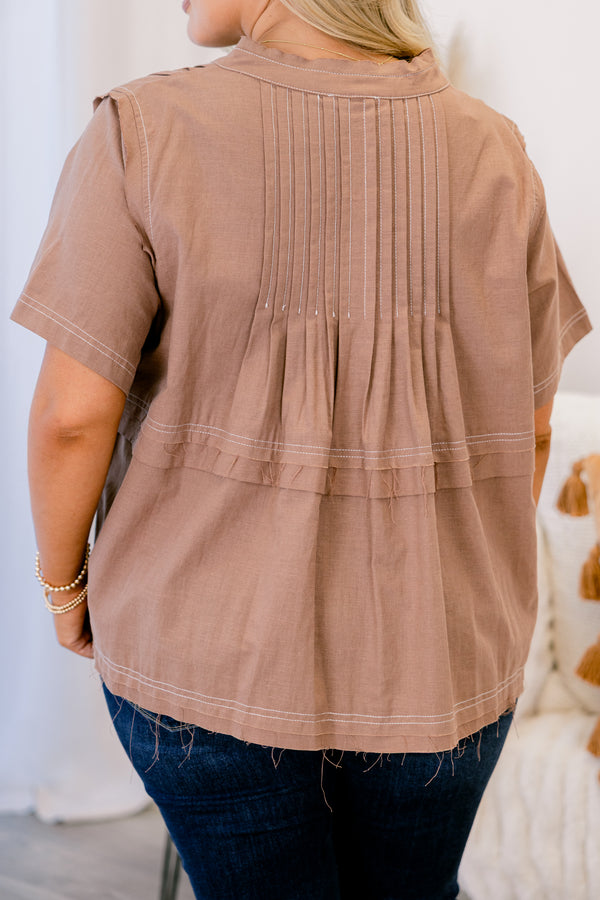 Chic Soul plus size clothing, brown short sleeve baby doll top with destressed hem