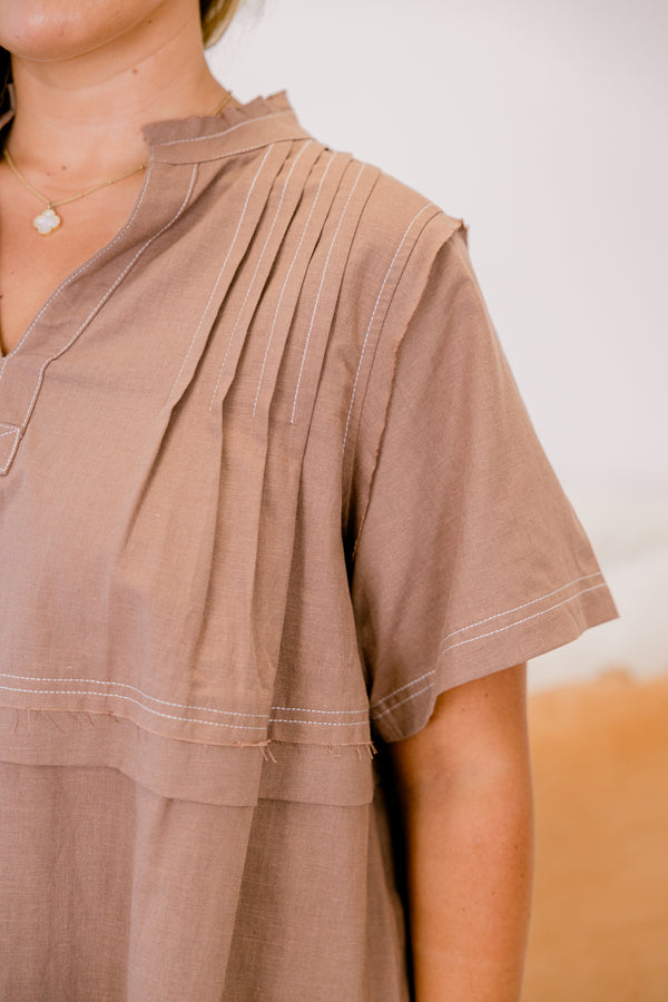 Chic Soul plus size clothing, brown short sleeve baby doll top with destressed hem