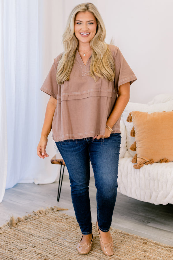 Chic Soul plus size clothing, brown short sleeve baby doll top with destressed hem