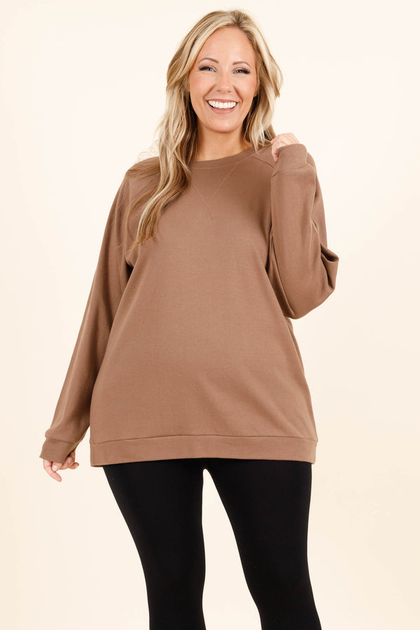 Chic Soul plus size clothing, mocha crewneck sweatshirt with exposed hem