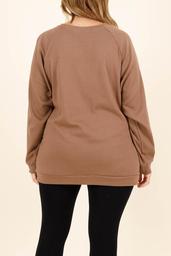 Chic Soul plus size clothing, mocha crewneck sweatshirt with exposed hem
