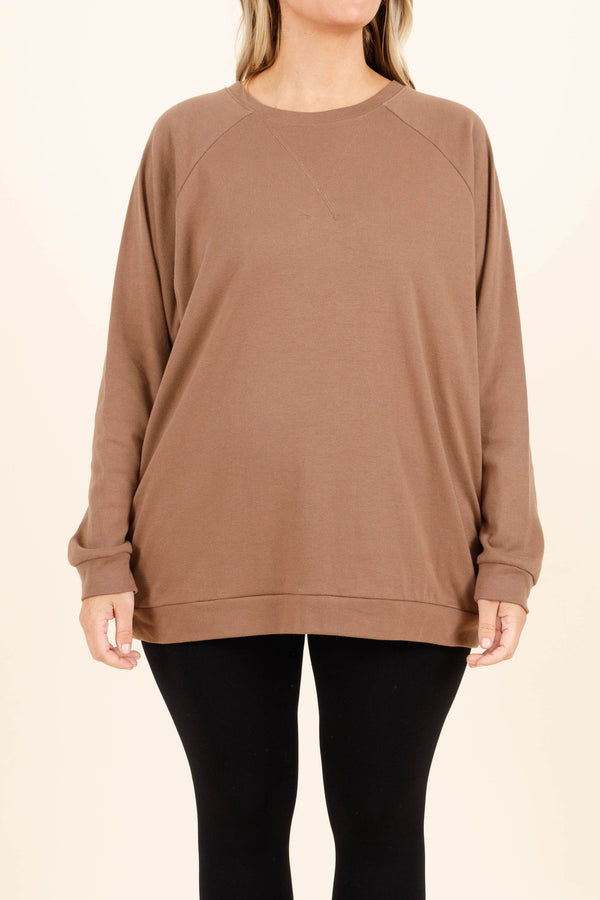 Chic Soul plus size clothing, mocha crewneck sweatshirt with exposed hem