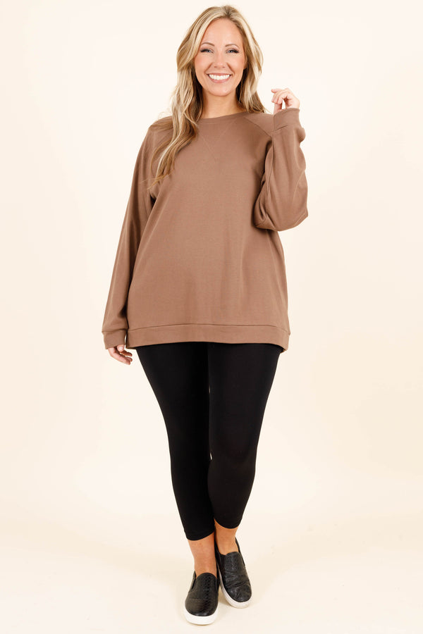 Chic Soul plus size clothing, mocha crewneck sweatshirt with exposed hem