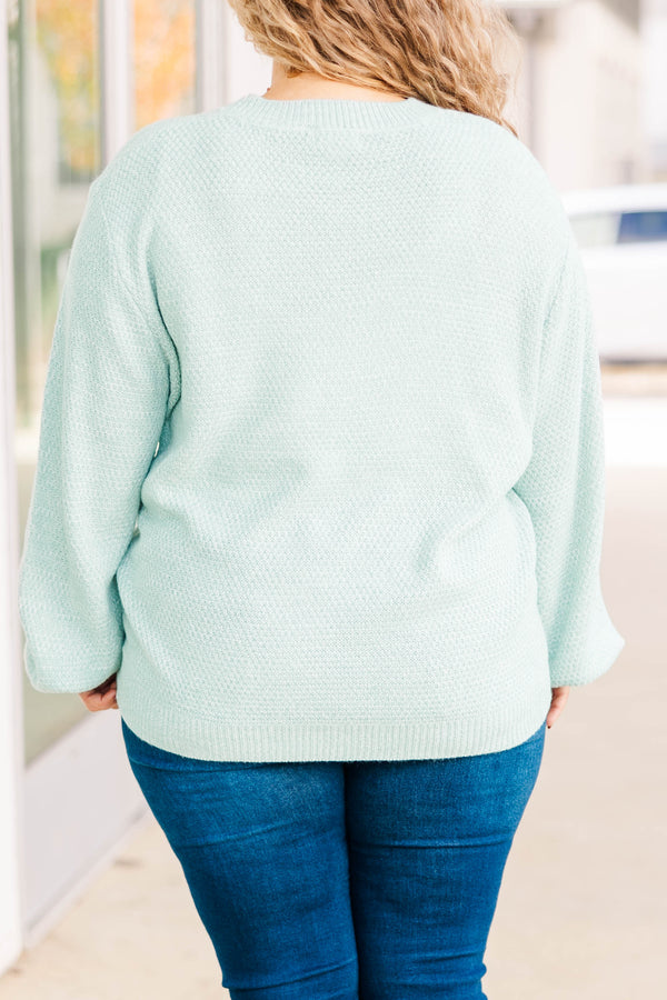 Chic Soul plus size clothing, mint colored textured bubble sleeve sweater regular cut and neckline