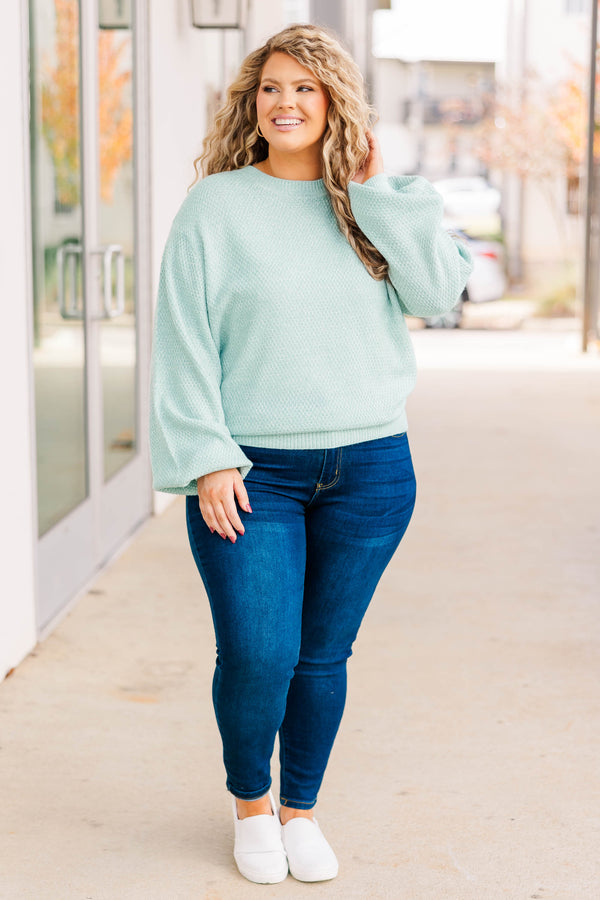 Chic Soul plus size clothing, mint colored textured bubble sleeve sweater regular cut and neckline
