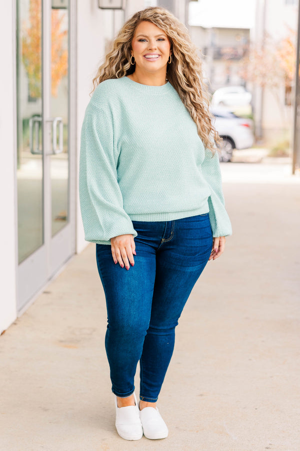 Chic Soul plus size clothing, mint colored textured bubble sleeve sweater regular cut and neckline