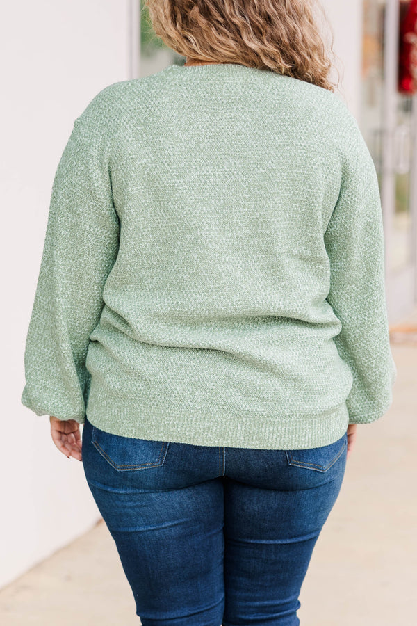 Chic Soul plus size clothing, sage colored textured sweater with bubble sleeves