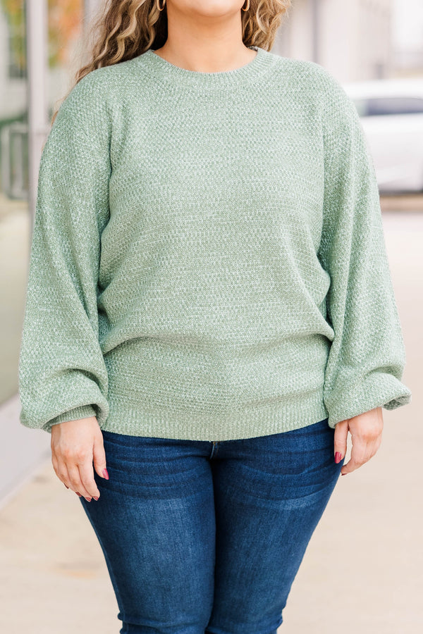 Chic Soul plus size clothing, sage colored textured sweater with bubble sleeves
