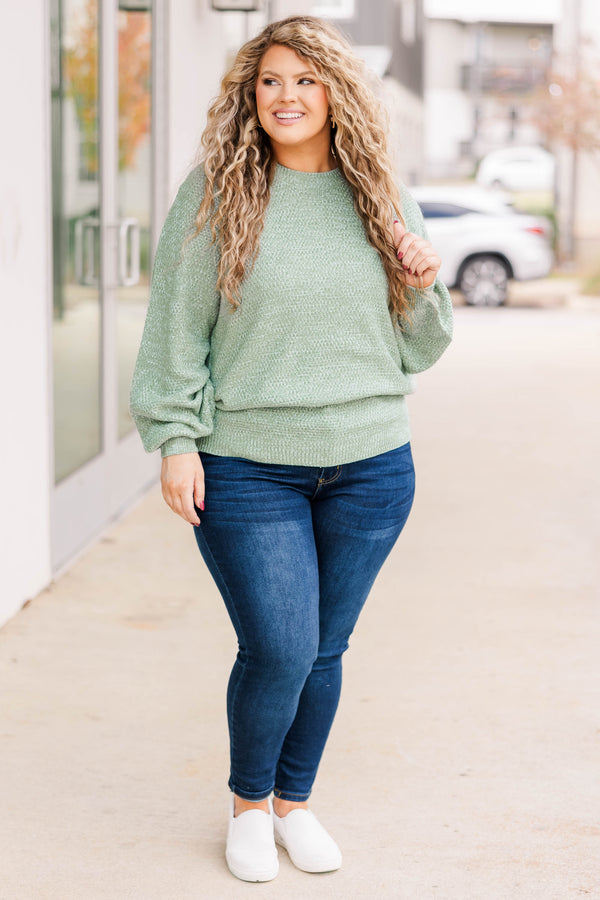 Chic Soul plus size clothing, sage colored textured sweater with bubble sleeves