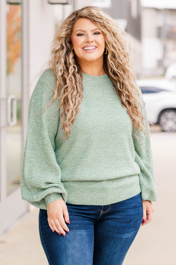 Chic Soul plus size clothing, sage colored textured sweater with bubble sleeves