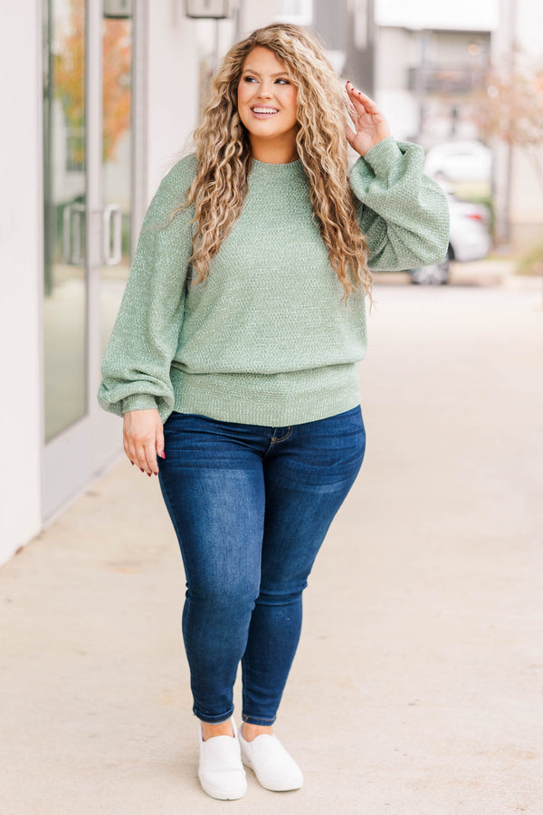 Chic Soul plus size clothing, sage colored textured sweater with bubble sleeves