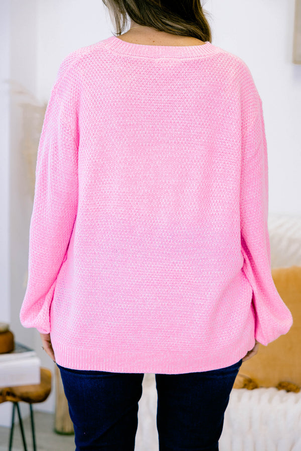 Chic Soul plus size clothing, Light pink colored bubble sleeve sweater, textured, warm, and cozy