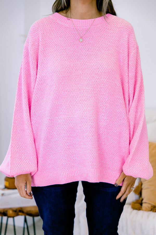 Chic Soul plus size clothing, Light pink colored bubble sleeve sweater, textured, warm, and cozy