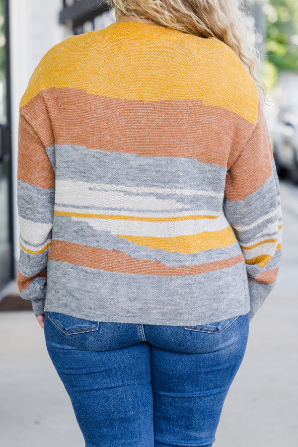 Chic Soul plus size clothing, grey, rust and yellow multi long sleeve abstract sweater with round neckline 