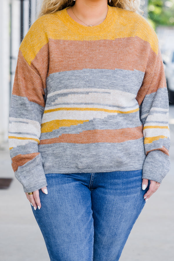 Chic Soul plus size clothing, grey, rust and yellow multi long sleeve abstract sweater with round neckline 