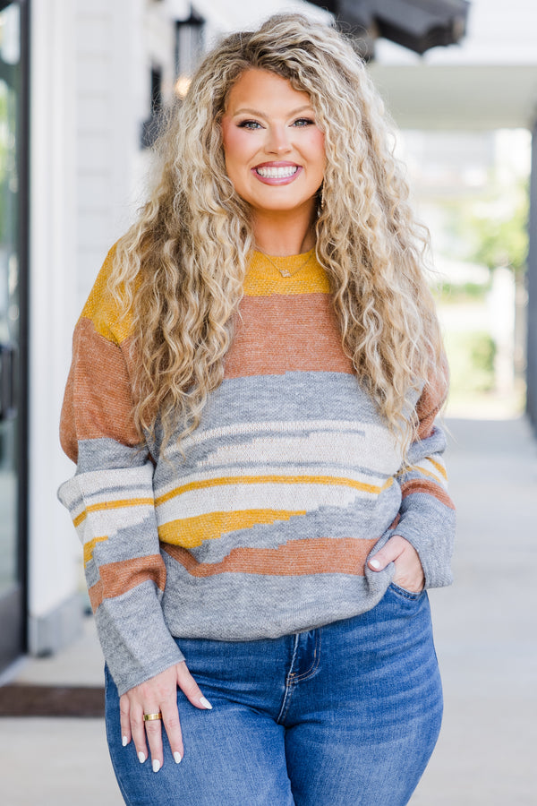Chic Soul plus size clothing, grey, rust and yellow multi long sleeve abstract sweater with round neckline 